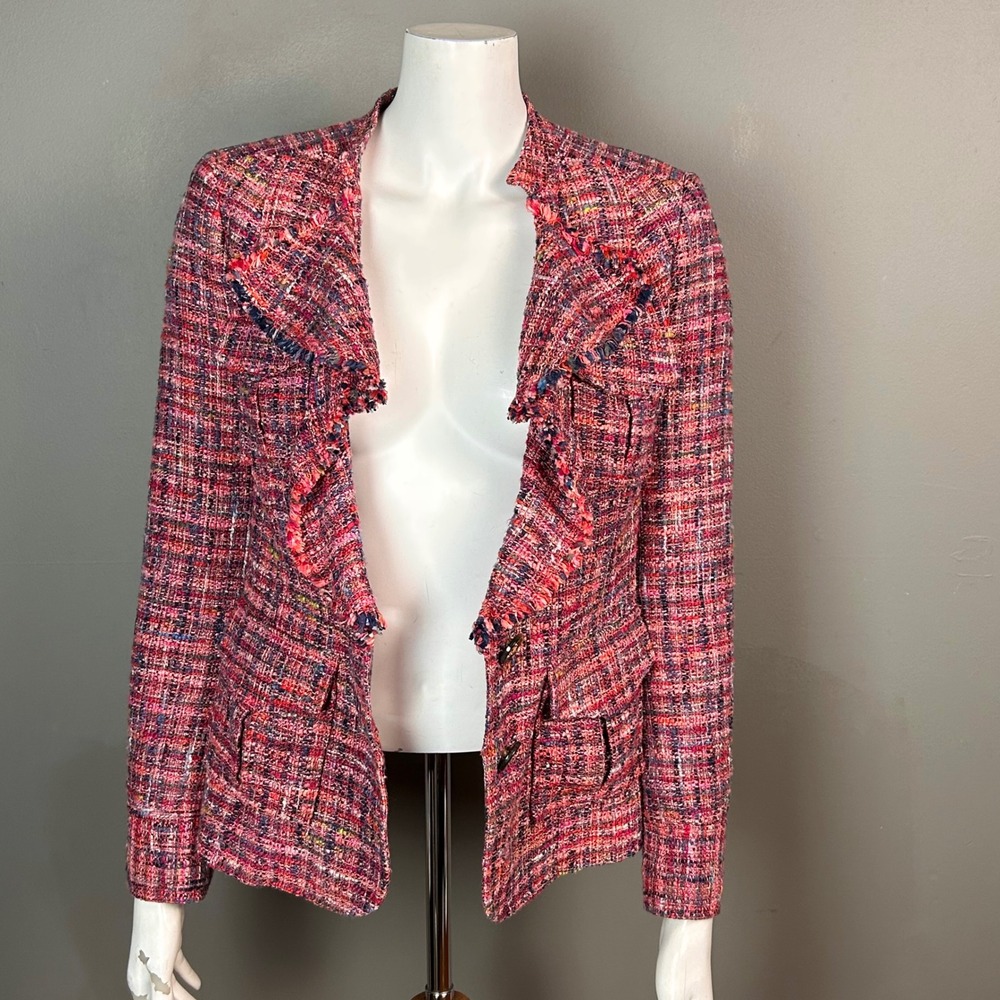 Tory Burch Tweed Blazer Jacket Size 4 Pink Plaid Ruffle Colorful Coastal Preppy